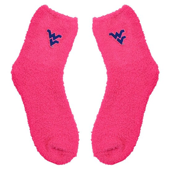 Hot pink WVU fuzzy socks with a navy embroidered Flying WV near the top